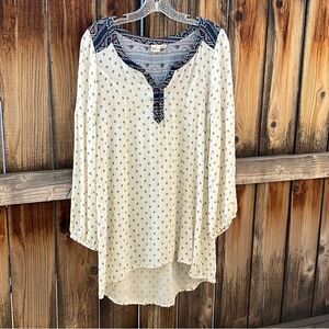 Roxy tunic dress hi-lo cream blue semi-sheer long sleeve India Sz Small